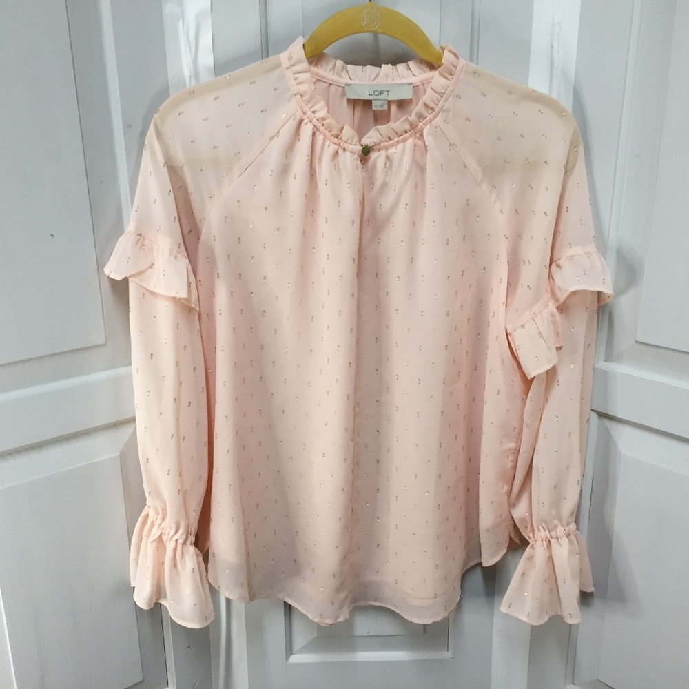 LOFT Pink Blouse w/ Ruffle and Sparkle Detail